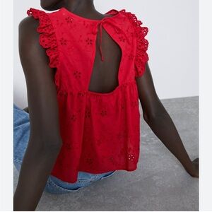 Zara Women’s Red Cotton Ruffled Eyelet Sleeveless Crop Top size XS